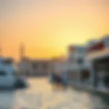 A stunning view of Al Mina's waterfront showcasing modern architecture and vibrant marine life.