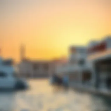 A stunning view of Al Mina's waterfront showcasing modern architecture and vibrant marine life.