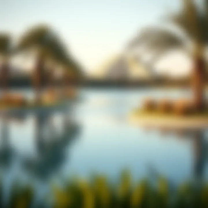 A serene view of Al Reem Park's lake, enhancing the natural beauty of the area.