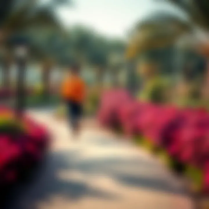 The beautifully designed walking trails in Al Reem Park surrounded by vibrant flora.