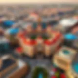 Aerial view of Global Village showcasing its vibrant architecture