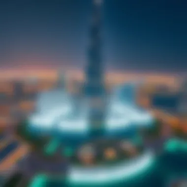Aerial view capturing the grandeur of the Burj Khalifa and fountain