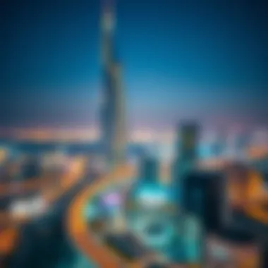 Night View of Da Vinci Tower Night view of Da Vinci Tower illuminated against the Dubai skyline