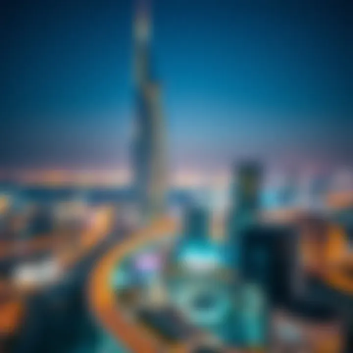 Night View of Da Vinci Tower Night view of Da Vinci Tower illuminated against the Dubai skyline