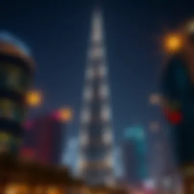 The Burj Khalifa illuminated at night, showcasing the architectural marvel of Downtown Dubai.