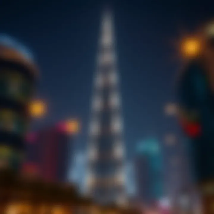 The Burj Khalifa illuminated at night, showcasing the architectural marvel of Downtown Dubai.