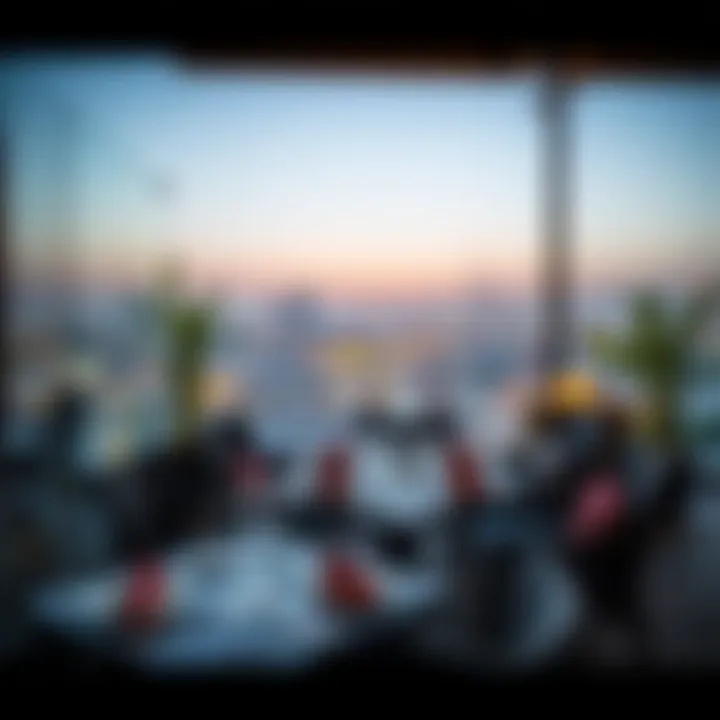 Elegant dining setup at a rooftop restaurant in Dubai Hills