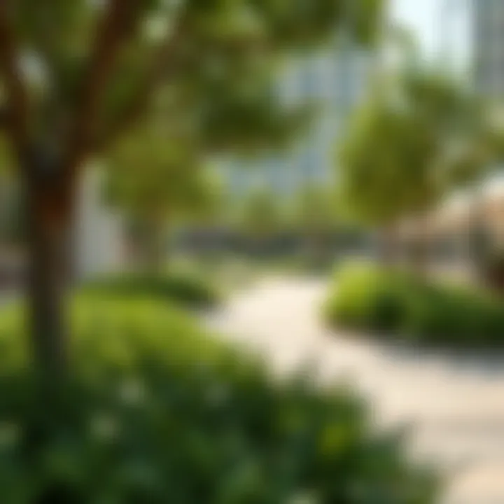 Lush greenery and public spaces in Bay Square, promoting urban living