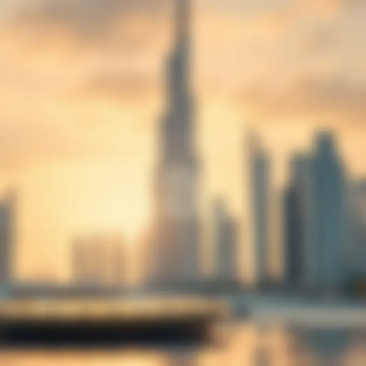 Blockchain Technology and Dubai A close-up of a blockchain technology representation with Dubai's skyline in the background