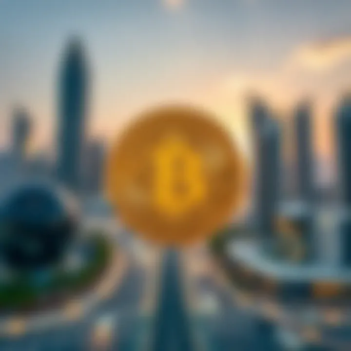 Digital Currency in Dubai's Financial Hub Illustration of digital currency symbols with a backdrop of Dubai's financial district