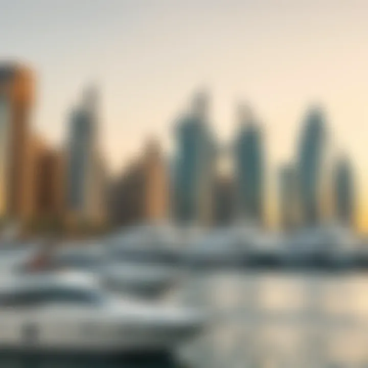 The vibrant atmosphere of the Dubai Marina, with luxurious yachts and modern skyscrapers.