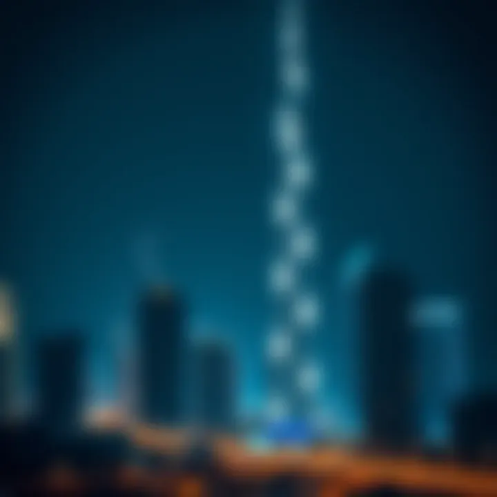 Night view of Dubai skyline featuring Dunya Tower illuminated