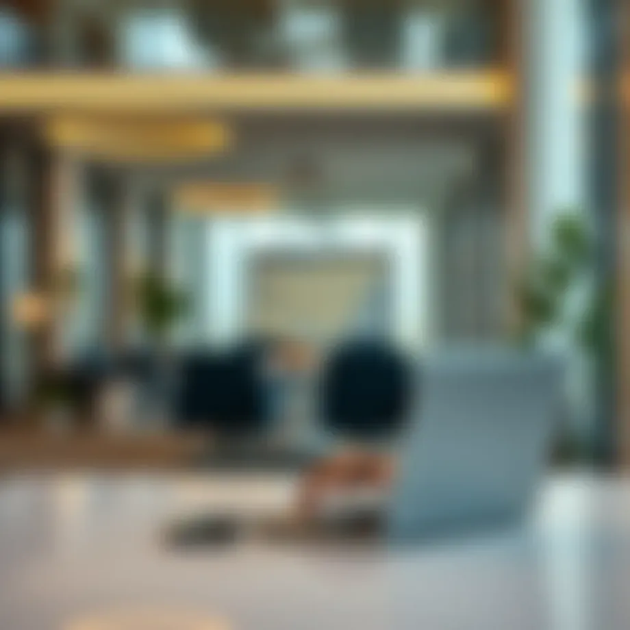 Freelancer working on a laptop in a modern office setting