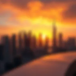 Stunning skyline view of pinnacle buildings in Dubai during sunset