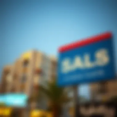 A close-up of a real estate sign indicating studio flats for sale in Al Qusais.