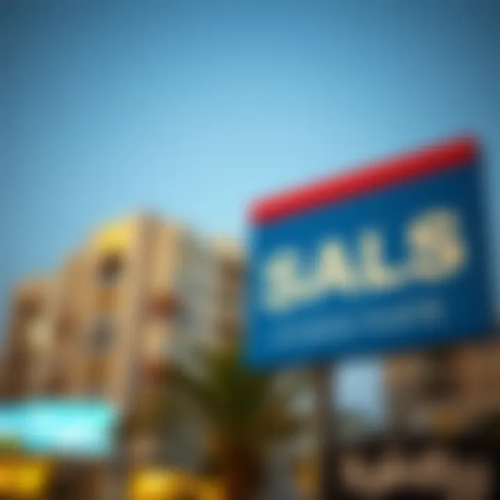 A close-up of a real estate sign indicating studio flats for sale in Al Qusais.