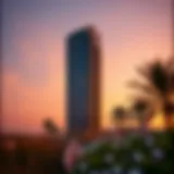 Stunning view of Tamouh Tower at sunset