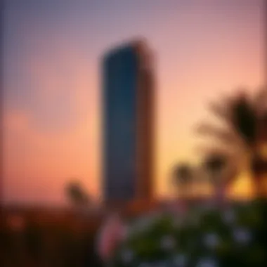 Stunning view of Tamouh Tower at sunset