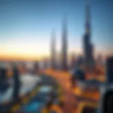 A romantic evening view of a Dubai skyline