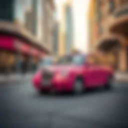 Elegant pink taxi parked in a vibrant Dubai street showcasing the unique transportation service.