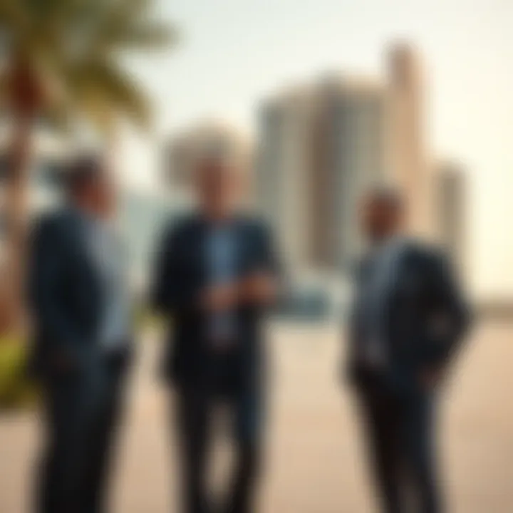 Investors discussing opportunities in front of a Wasl Properties development