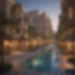 A vibrant street scene in Dubai showcasing diverse accommodation options