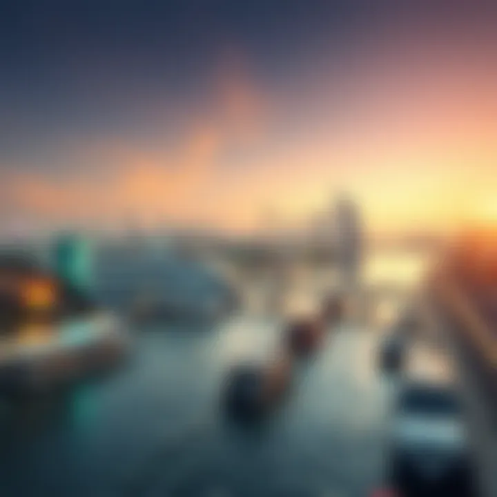 Dubai Creek at Dusk: A Scenic Overview Breathtaking view of Dubai Creek at sunset, showcasing the skyline