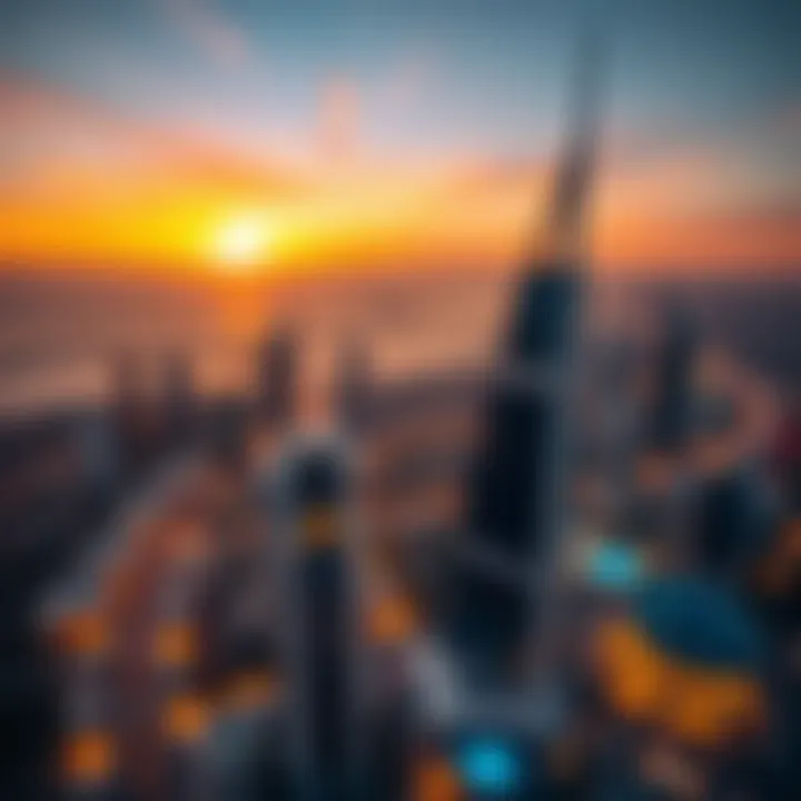 Vibrant sunset view from Palm Tower capturing Dubai's skyline