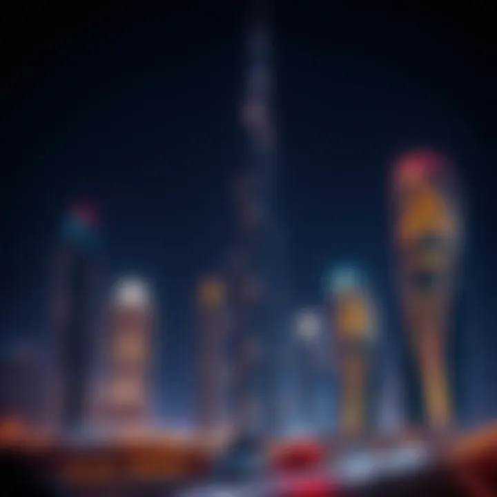 Night View of Illuminated Dubai Skyscrapers Night view of Dubai's skyscrapers illuminated, reflecting the vibrancy of the city