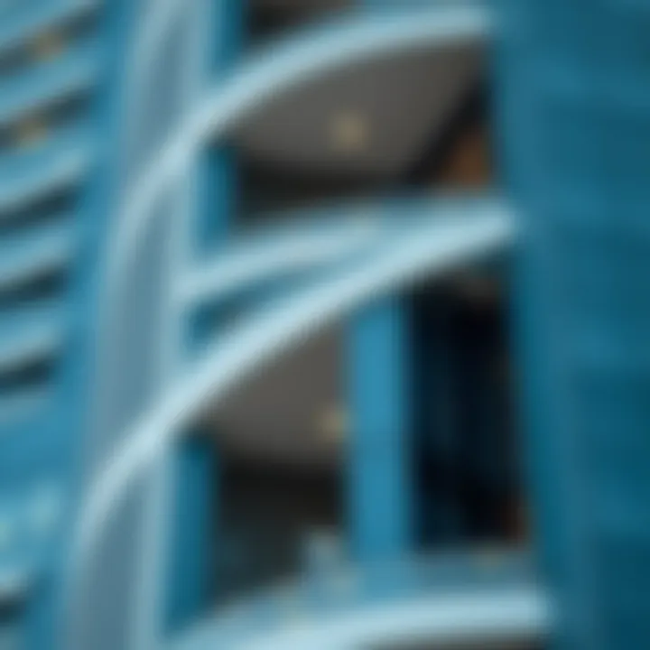 Close-up of the modern architectural features of the Blue Tower