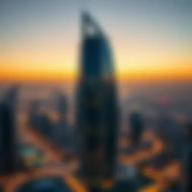 A stunning view of the Blue Tower against the Dubai skyline at sunset