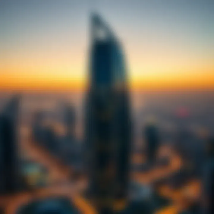 A stunning view of the Blue Tower against the Dubai skyline at sunset