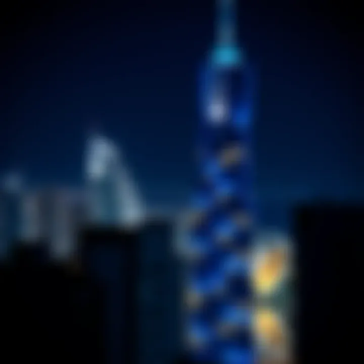 Night view of the Blue Tower illuminated, reflecting Dubai's vibrant nightlife