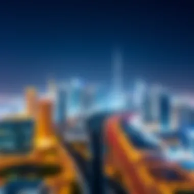 Skyline of Dubai with Metro stations integrated into urban development