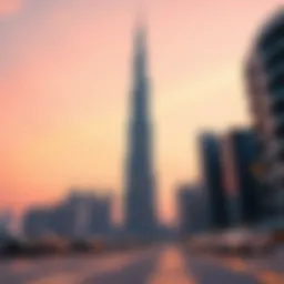 Iconic view of Burj Khalifa against a sunset sky