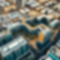 Aerial view of an office park in Dubai showcasing modern architecture.