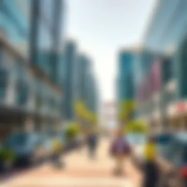 Vibrant Business Activity in Dubai's Office Parks A bustling business hub within an office park in Dubai during a sunny day.