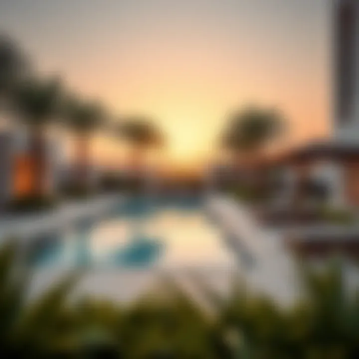 Outdoor amenities including a swimming pool and landscaped gardens at Vida Hills Residence